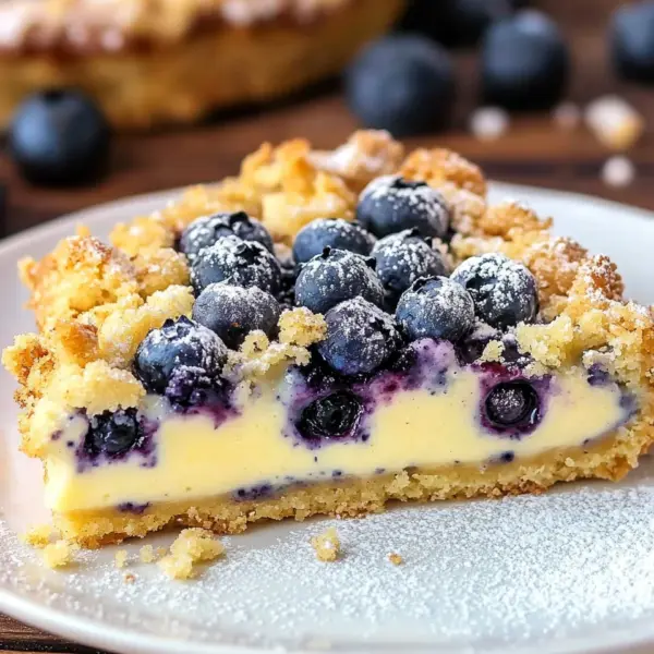 Blaubeerkuchen mit Pudding und Streusel