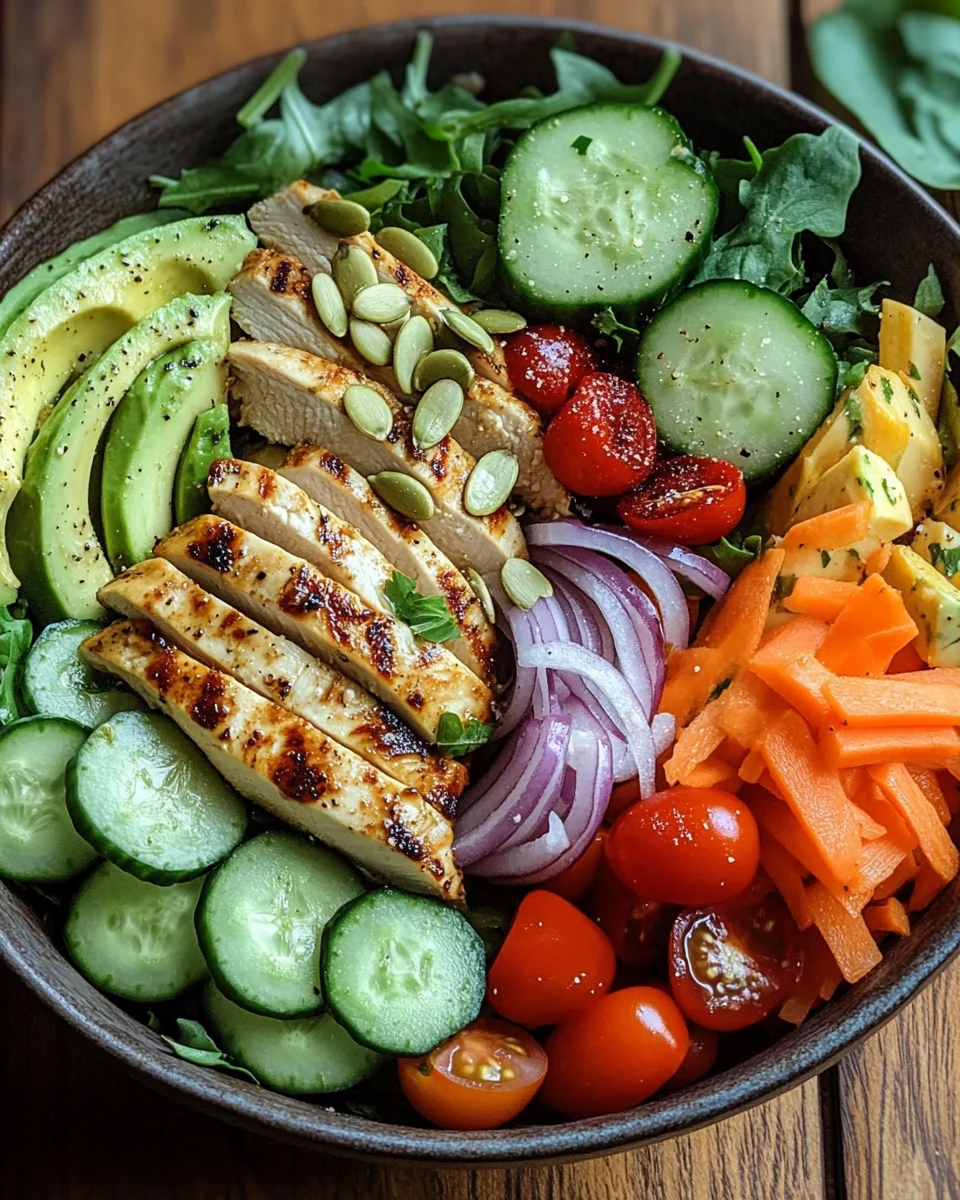 Bunte Salat Bowl mit Avocado, Hähnchen und Knoblauchdressing 18 Bunte