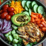 Bunte Salat Bowl mit Avocado, H&auml;hnchen und Knoblauchdressing