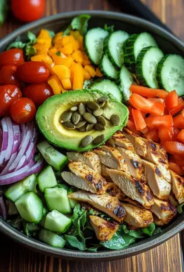 Bunte Salat Bowl mit Avocado, Hähnchen und Knoblauchdressing
