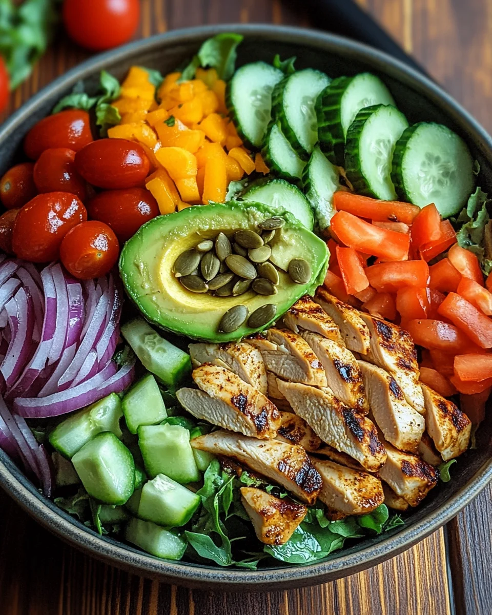 Bunte Salat Bowl mit Avocado, Hähnchen und Knoblauchdressing
