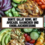 Bunte Salat Bowl mit Avocado, Hähnchen und Knoblauchdressing 17 Pinterest Hidden Image