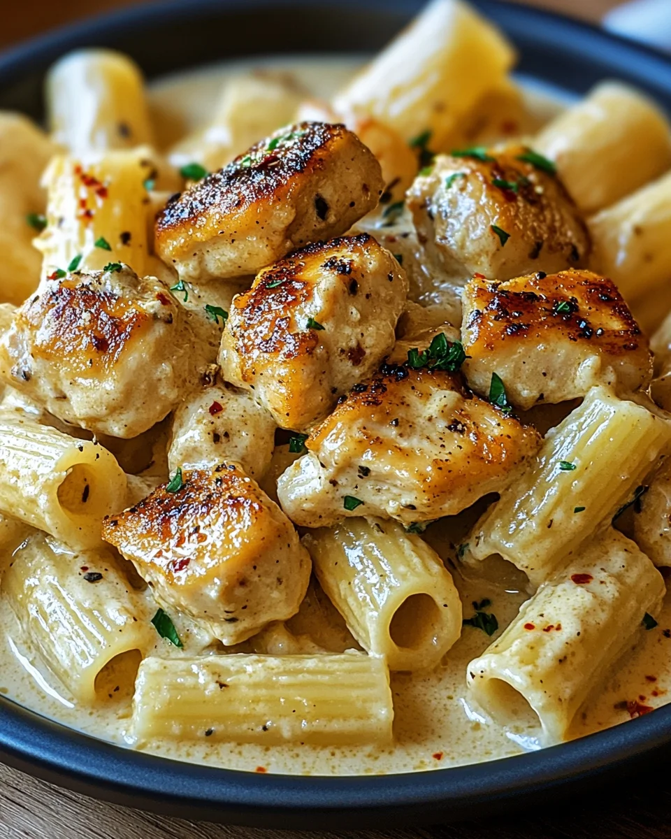 Cremiges Knoblauchbutter-Huhn und Rigatoni in Parmesan-So&szlig;e