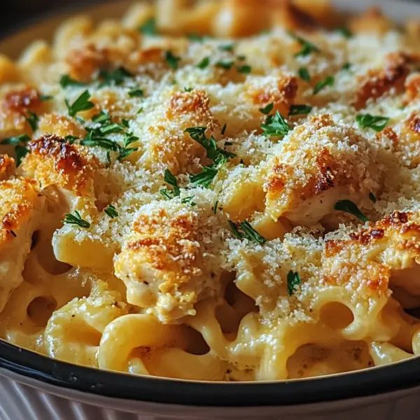Knuspriger Nudel-Hähnchen-Auflauf mit Knoblauch und Parmesan