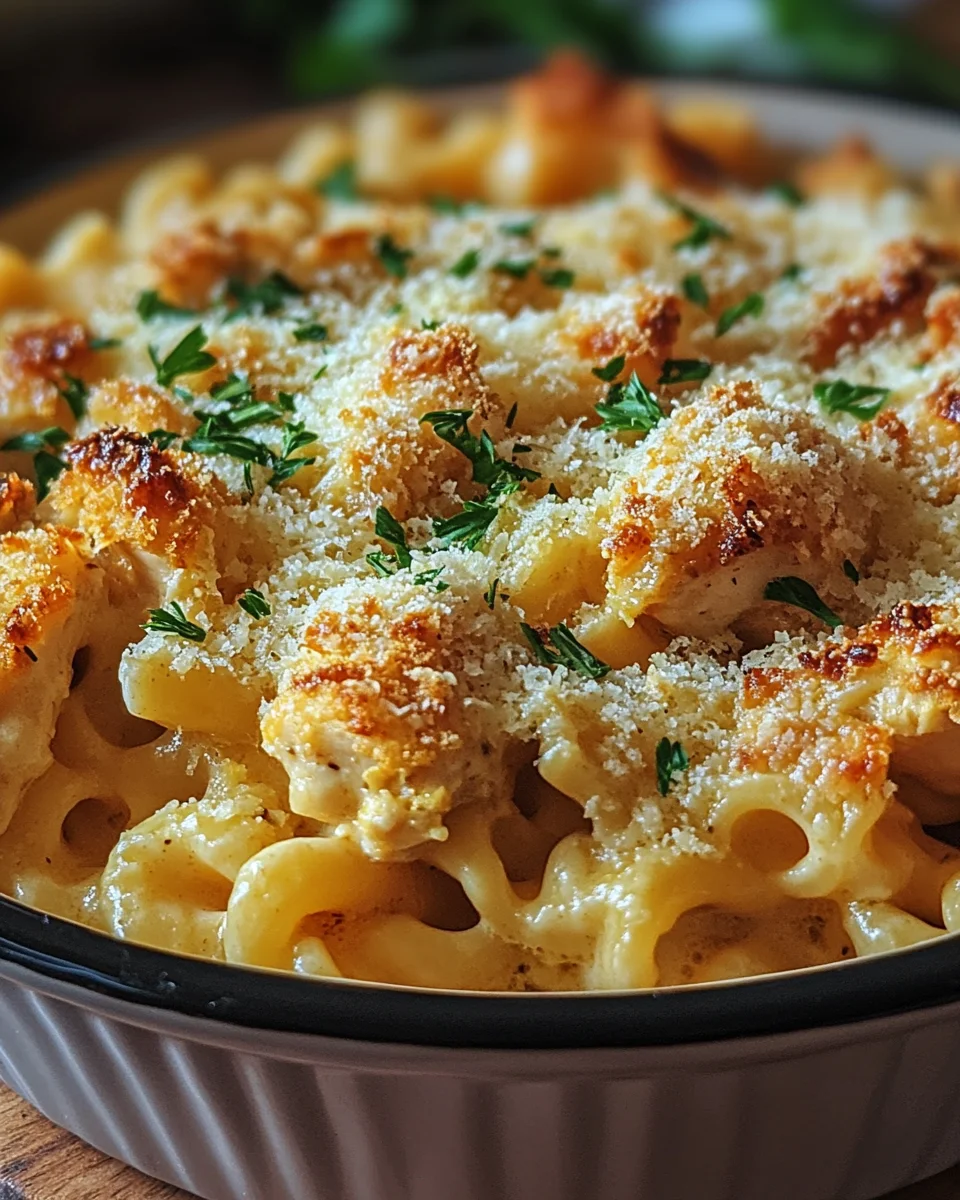 Knuspriger Nudel-H&auml;hnchen-Auflauf mit Knoblauch und Parmesan
