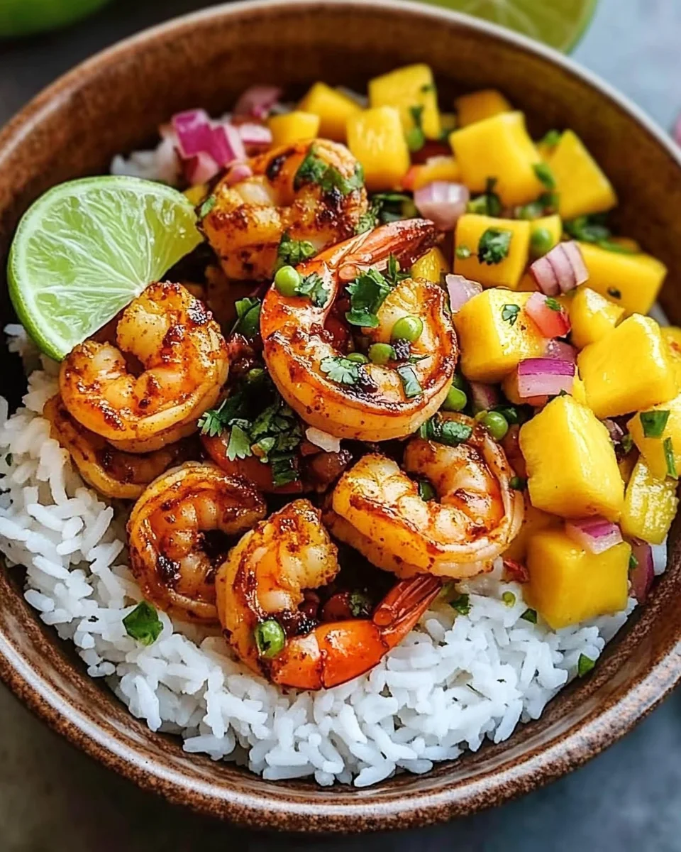 Pikante Garnelen und Mango Salsa Reisbowl 17 Pikante