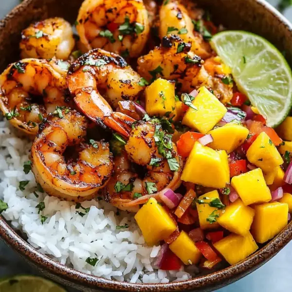Pikante Garnelen und Mango Salsa Reisbowl