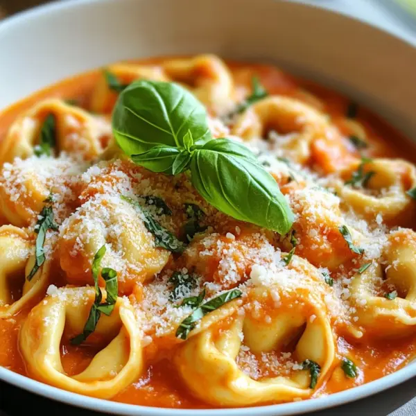 Tortellini mit Tomaten-Sahnesoße, Käse und Basilikum