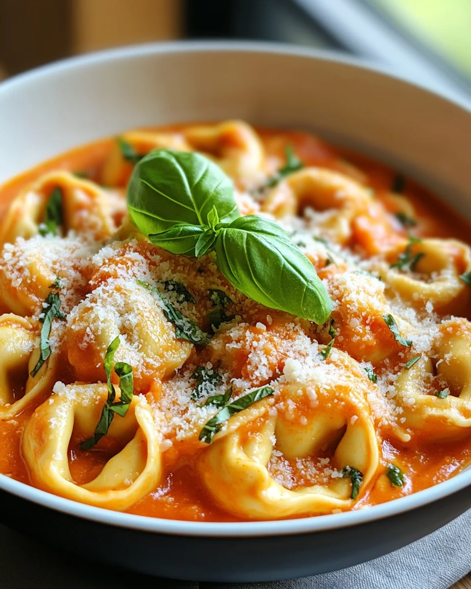 Tortellini mit Tomaten-Sahneso&szlig;e, K&auml;se und Basilikum