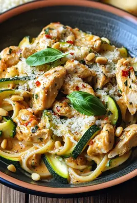 Zucchini Parmesan Pasta mit Hähnchen und Pinienkernen