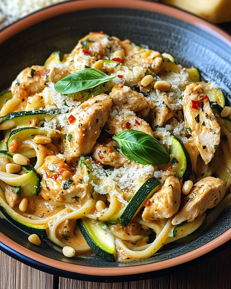 Zucchini Parmesan Pasta mit H&auml;hnchen und Pinienkernen