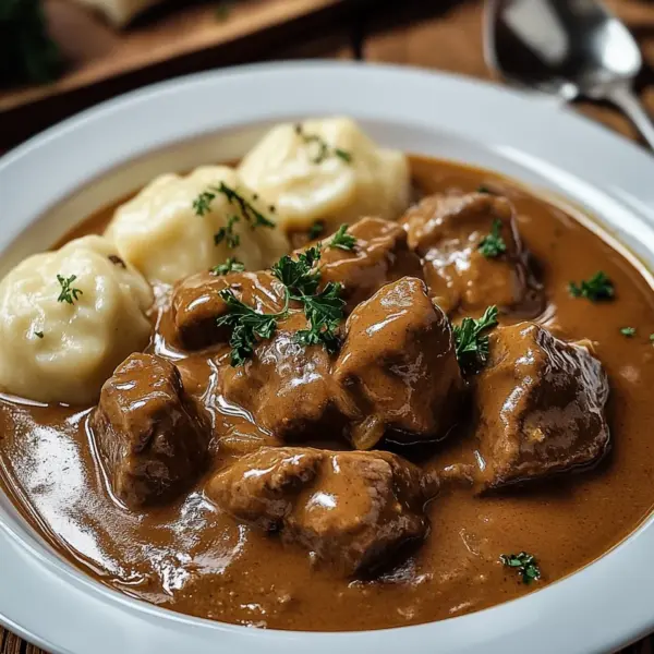 Butterzartes Rahmgulasch mit Serviettenknödel