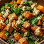 Ger&ouml;steter S&uuml;&szlig;kartoffel-Quinoa-Salat mit Sesam-Miso-Sauce