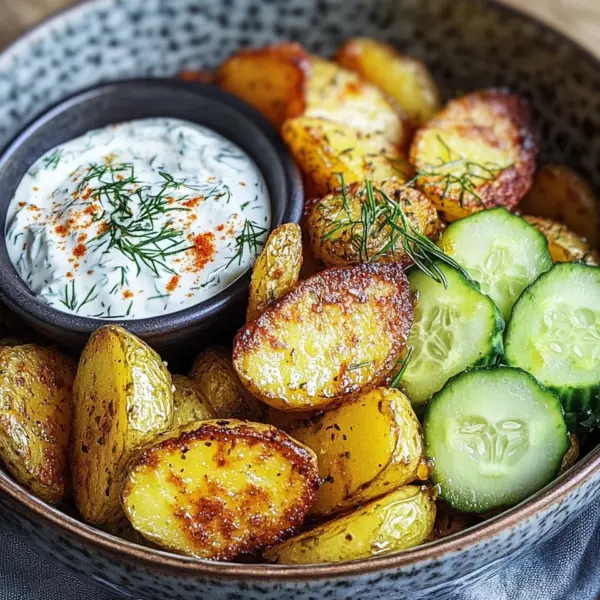 Kartoffelspalten mit Gurkendip