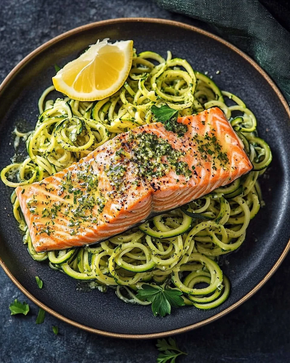 Kr&auml;uterlachs auf Zucchinipasta