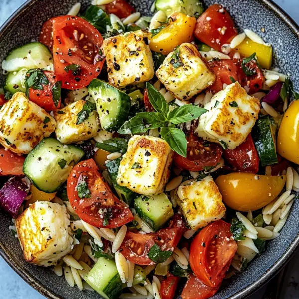 Kritharaki-Salat mit Halloumi-Croutons