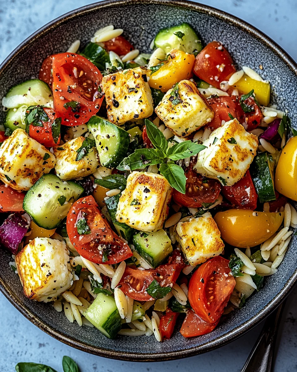 Kritharaki-Salat mit Halloumi-Croutons