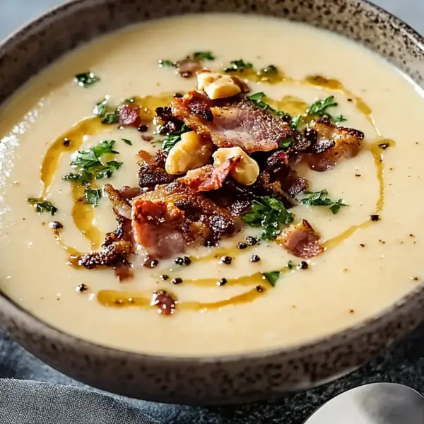 Maronensuppe mit karamellisierten Nüssen und Speck