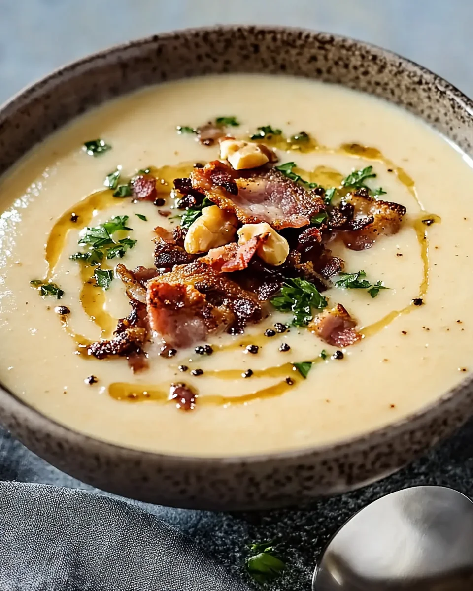 Maronensuppe mit karamellisierten Nüssen und Speck