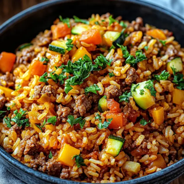 Reis-Hackfleisch-Pfanne mit Ajvar und Gemüse