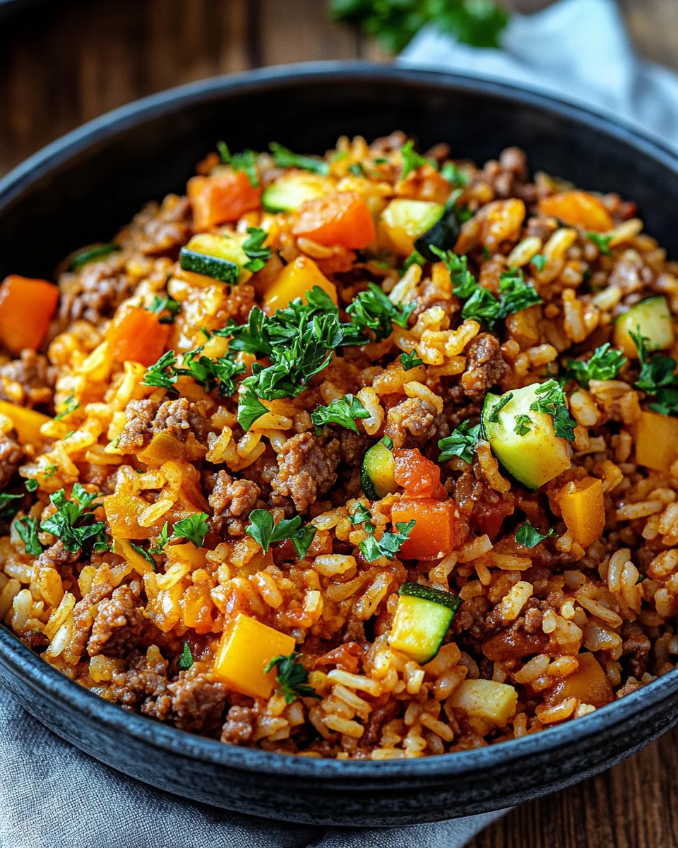 Reis-Hackfleisch-Pfanne mit Ajvar und Gem&uuml;se