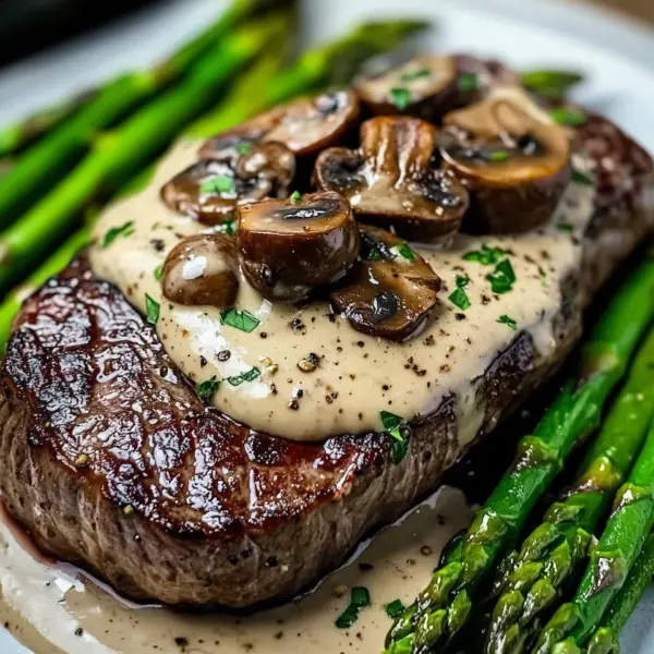 Ribeye Steak with Creamy Mushroom Sauce and Asparagus