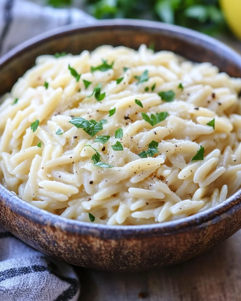 Cremige Orzo-Nudeln mit Knoblauch und Parmesan
