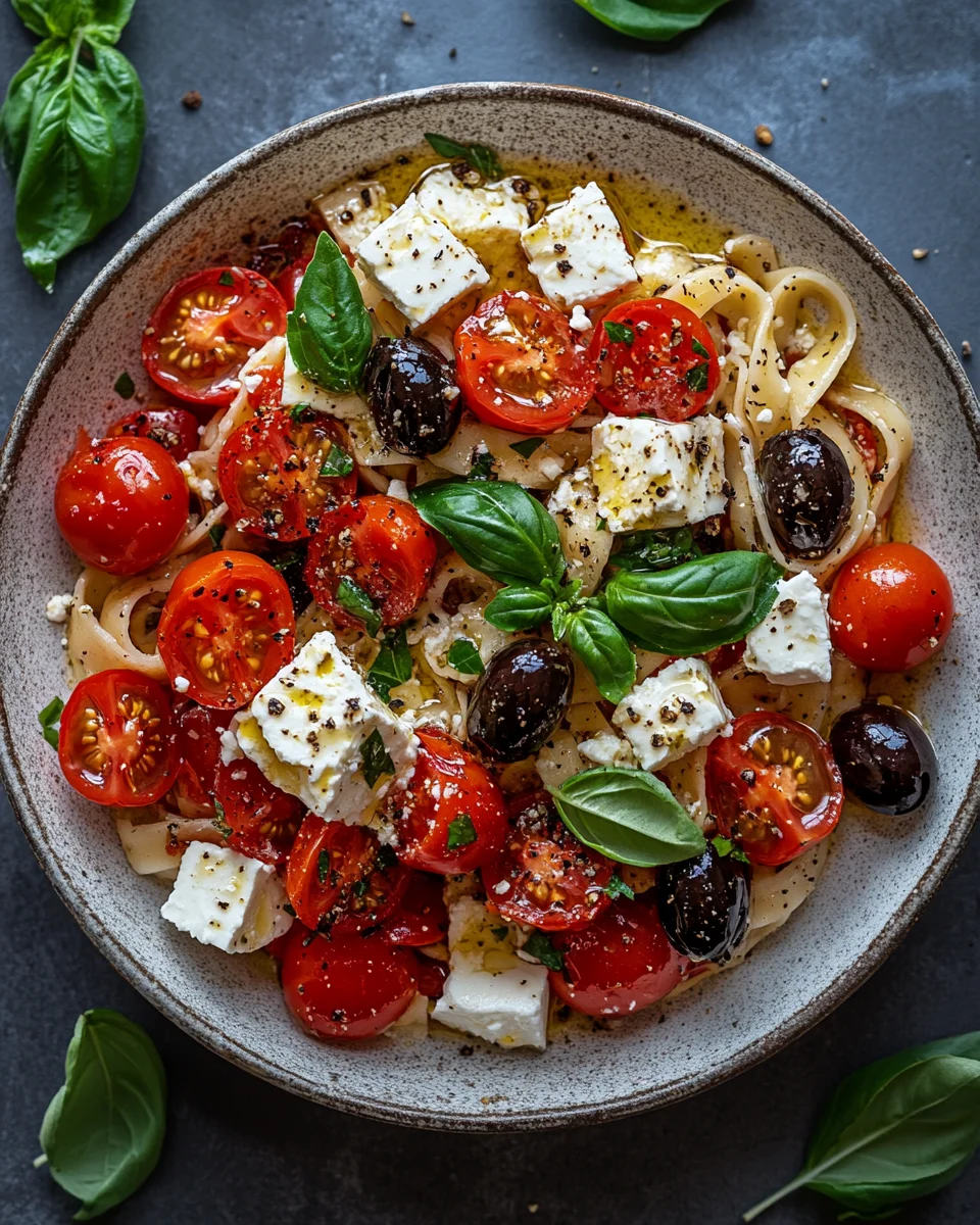 Griechische Reisnudeln mit Tomaten, Feta und Oliven