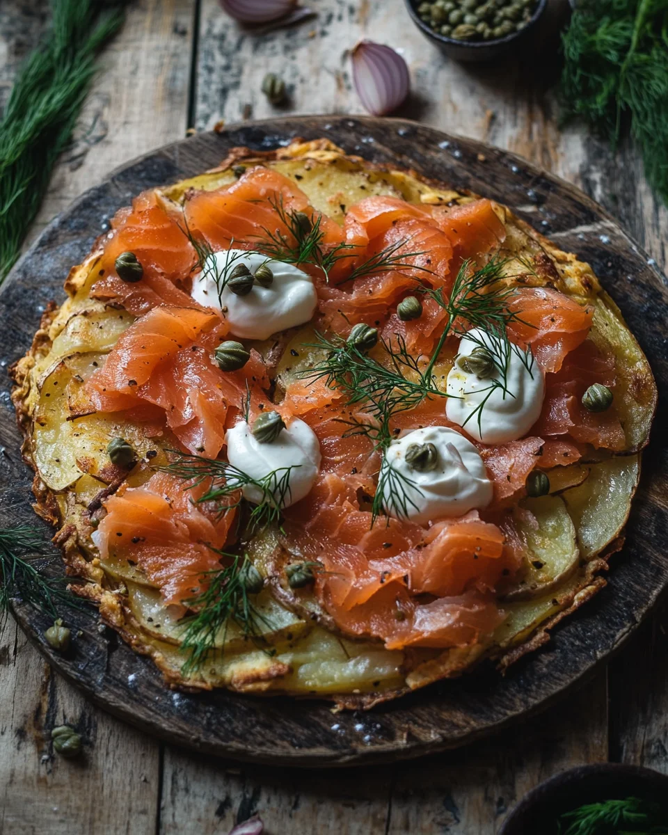 Knusprige Kartoffelgalette mit Räucherlachs und Crème Fraîche 19 Knusprige