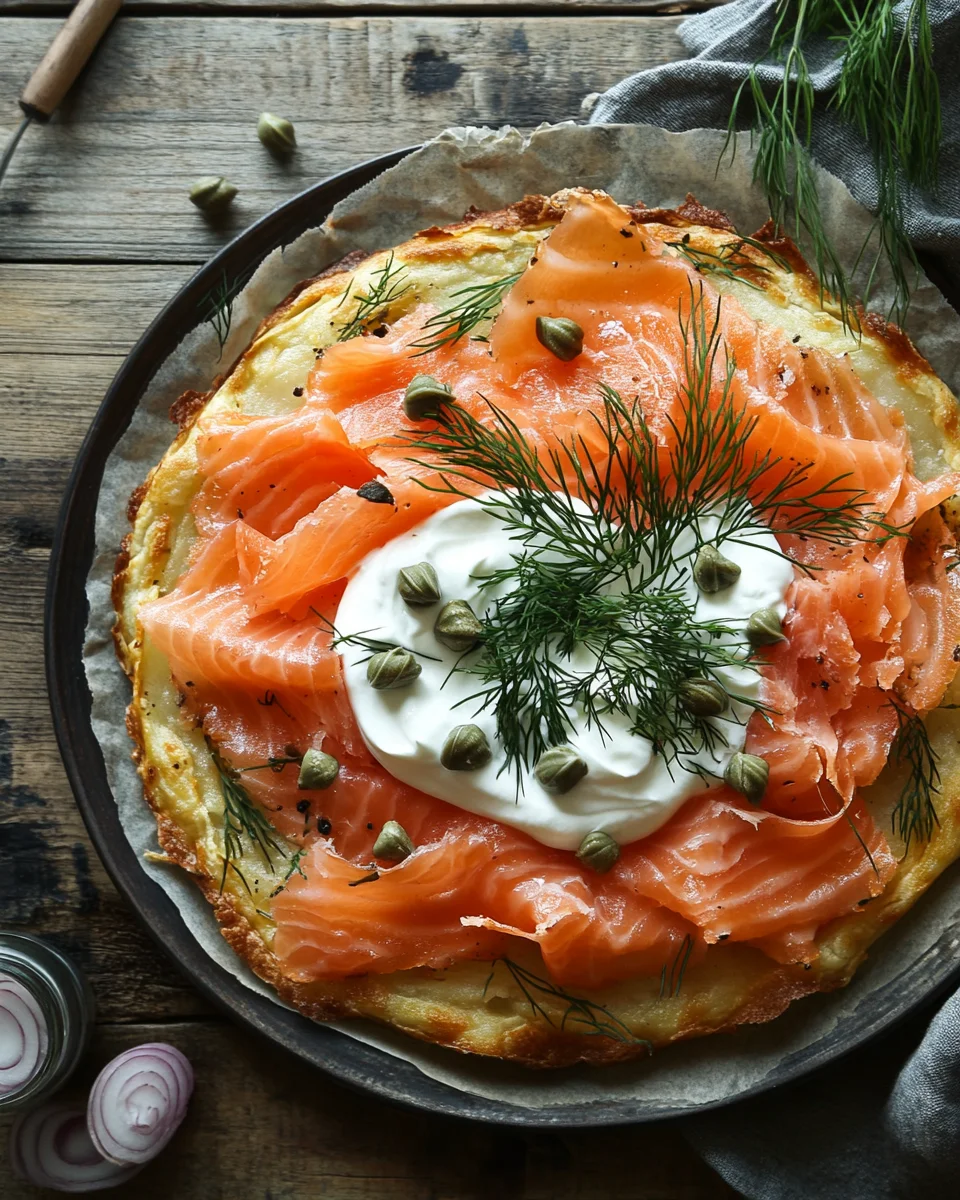 Knusprige Kartoffelgalette mit Räucherlachs und Crème Fraîche
