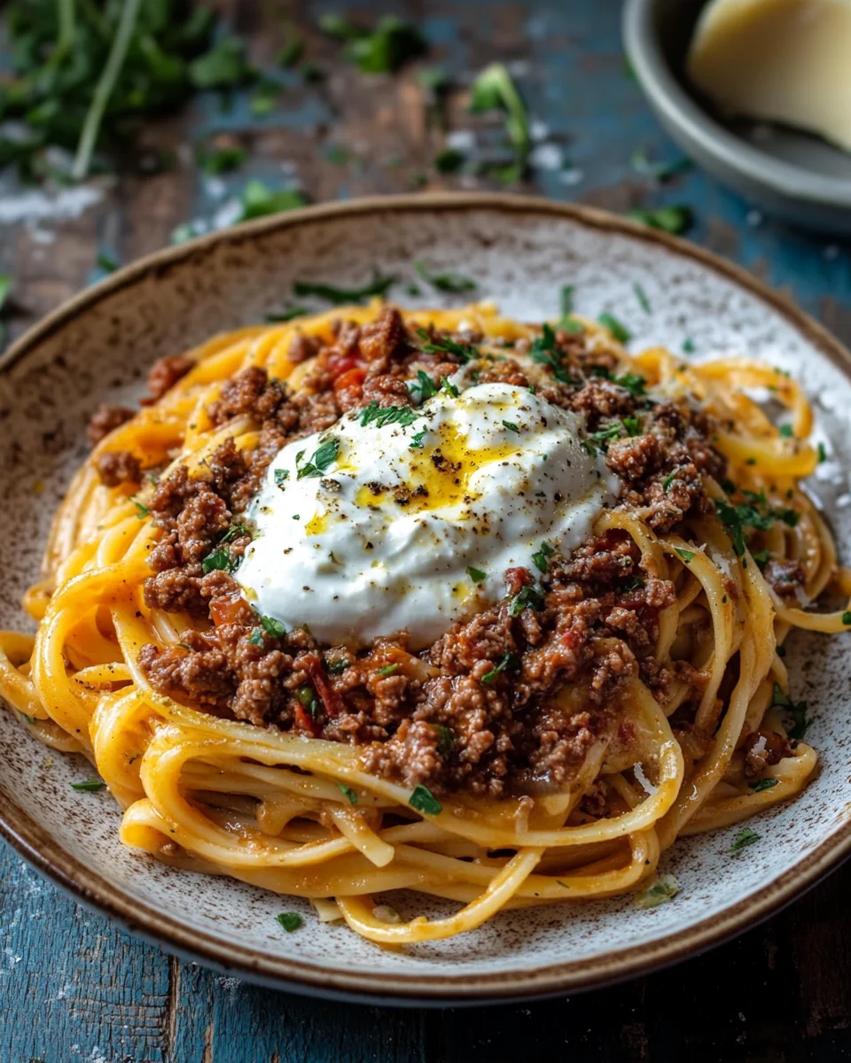 T&uuml;rkische Pasta mit Hackfleisch und Joghurt-Sauce